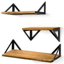 modern style Triangular metal bracket Rustic Wood Wall Shelves Set of 3 for Bedroom, Bathroom, Living Room, Kitchen